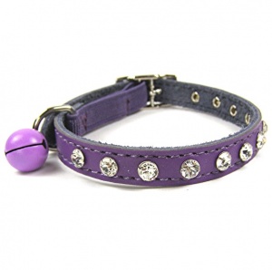 Real Leather Diamante Cat Collar | Purple